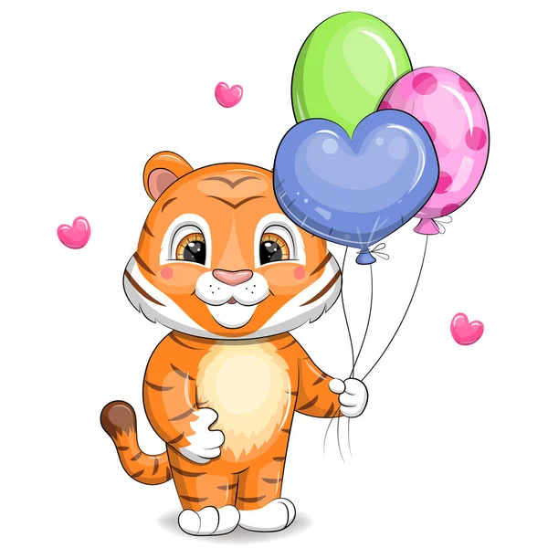 Τίγρης Πολύχρωμα Μπαλόνια Και Καρδιές Χαριτωμένο Εικονογράφηση Φορέα Κινουμένων Σχεδίων — Διανυσματικό Αρχείο