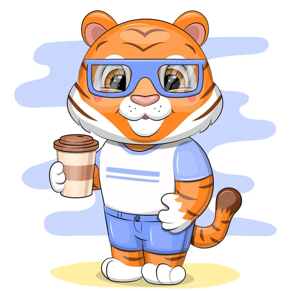 Lindo Tigre Dibujos Animados Gafas Azules Está Sosteniendo Café Ilustración — Vector de stock