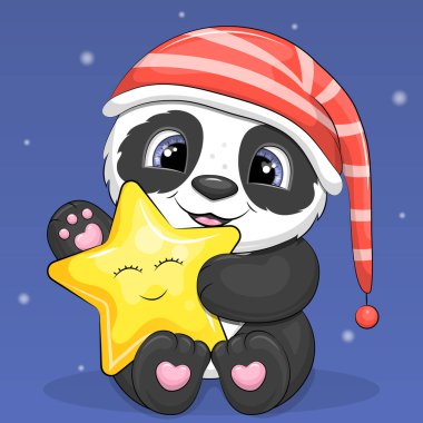 Gece başlığı takan sevimli panda sarı bir yıldız tutuyor. Koyu mavi arkaplanda gece vektör çizimi.