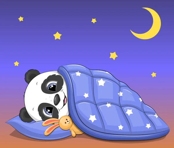 Mavi battaniyenin altında uyuyan oyuncak tavşanlı şirin panda. Mavi arkaplanda yıldızlı ve uydulu gece vektör çizimi.