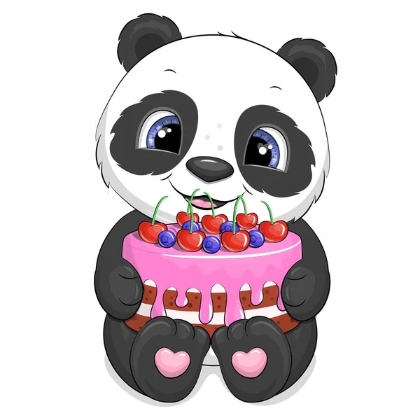 可爱的卡通熊猫拿着蛋糕 白色背景动物的矢量图解 — 图库矢量图片