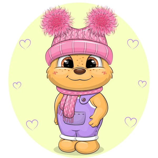 紫のジャンプスーツ ピンクの帽子とスカーフでかわいい漫画のクマ 黄色の背景にハートの動物のベクトルイラスト — ストックベクタ