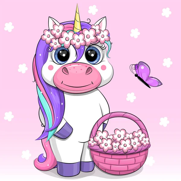 Nettes Cartoon Einhorn Mit Blumenkranz Korb Und Schmetterling Vektorillustration Eines — Stockvektor