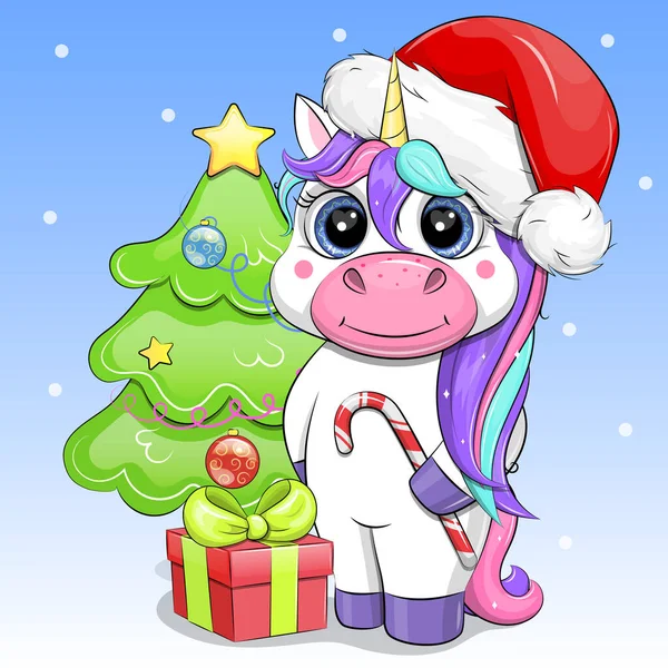 Lindo Unicornio Dibujos Animados Sombrero Santa Sosteniendo Bastón Caramelo Ilustración — Vector de stock
