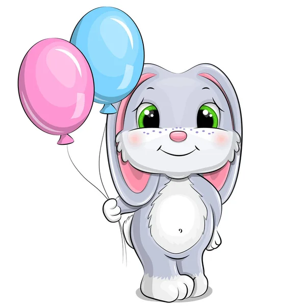 Cartoon Rabbit Blue Pink Balloons Cute Vector Animal Illustration Isolated — Stock Vector