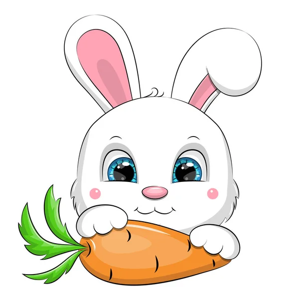 Cute Cartoon White Rabbit Carrot Vector Illustration Animal Isolated White — Stock Vector