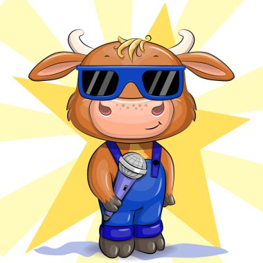 Gözlüklü ve mikrofonlu şirin bir çizgi film boğası. Bir şarkıcının vektör çizimi.