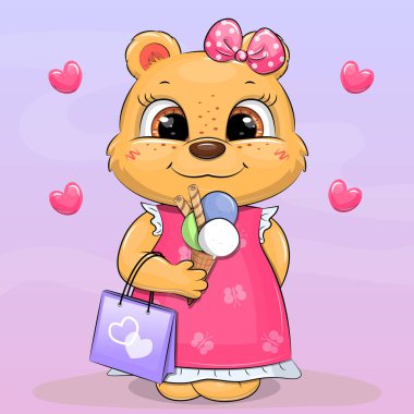 Pembeli şirin bir çizgi film ayısının elinde alışveriş torbası ve dondurma var. Leylak arka planında kalbi olan bir hayvanın vektör çizimi.