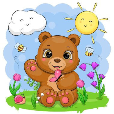 Çiçekli, arılı, kelebekli, güneşli ve bulutlu şirin bir çizgi film. Doğadaki bir hayvanın vektör illüstrasyonu.