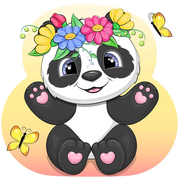 Leuke Cartoon Panda Met Bloemen Krans Vlinders Vector Illustratie Met — Stockvector