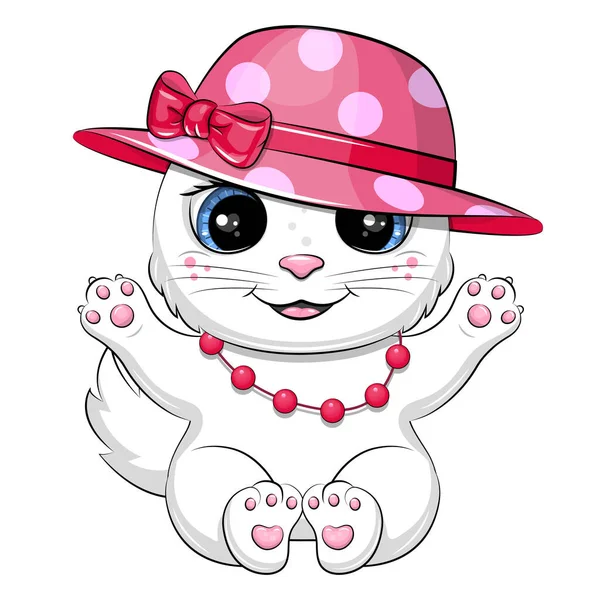 Mignon Dessin Animé Chat Blanc Portant Chapeau Collier Illustration Vectorielle — Image vectorielle