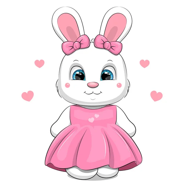 Lindo Conejo Blanco Dibujos Animados Vestido Rosa Ilustración Vectorial Animal — Vector de stock