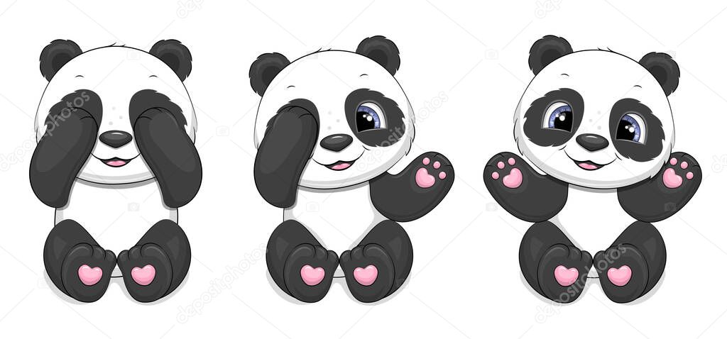 Set of cute cartoon pandas. Vector illustration of an animal on a white background.