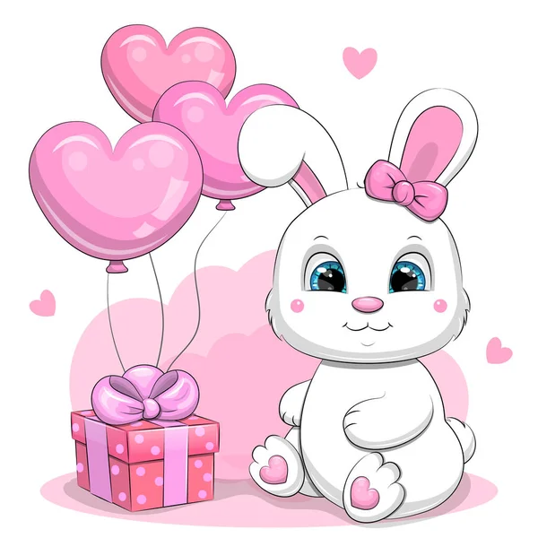 Симпатичный Карикатурный Белый Кролик Розовым Подарком Воздушными Шарами Векторная Иллюстрация — стоковый вектор