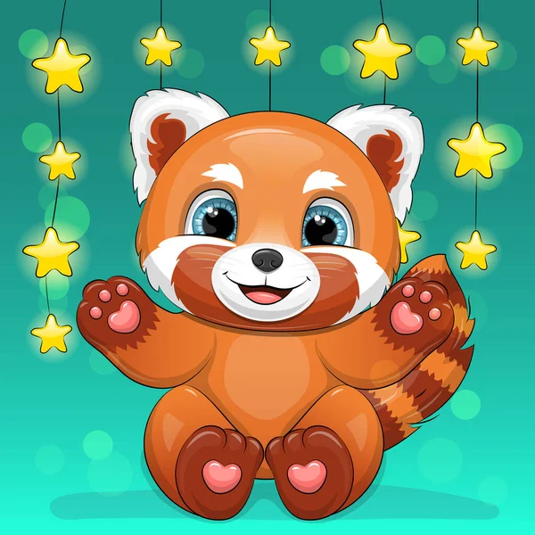 Bonito Desenho Animado Panda Vermelho Com Guirlanda Estrela Ilustração Vetorial —  Vetores de Stock