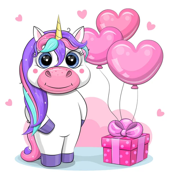 Cute Cartoon Unicorn Pink Gift Balloons Vector Illustration Animal — Stock Vector