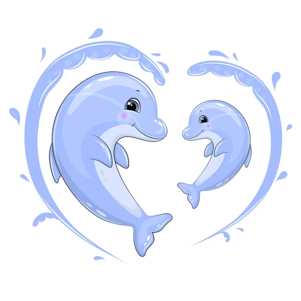 Χαριτωμένα Δελφίνια Κινουμένων Σχεδίων Και Νερό Εικονογράφηση Διανύσματος Των Ζώων — Διανυσματικό Αρχείο