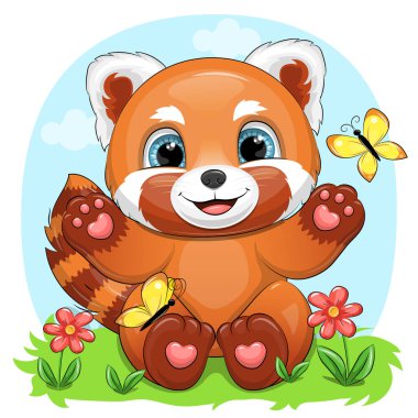 Kelebekleri ve çiçekleri olan sevimli kırmızı panda çizgi filmi. Doğadaki bir hayvanın vektör illüstrasyonu.