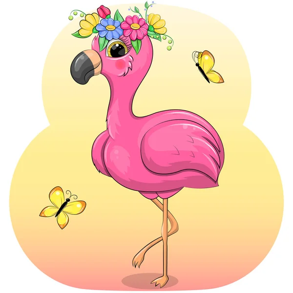 Lindo Flamenco Rosa Dibujos Animados Con Corona Flores Mariposas Ilustración — Vector de stock