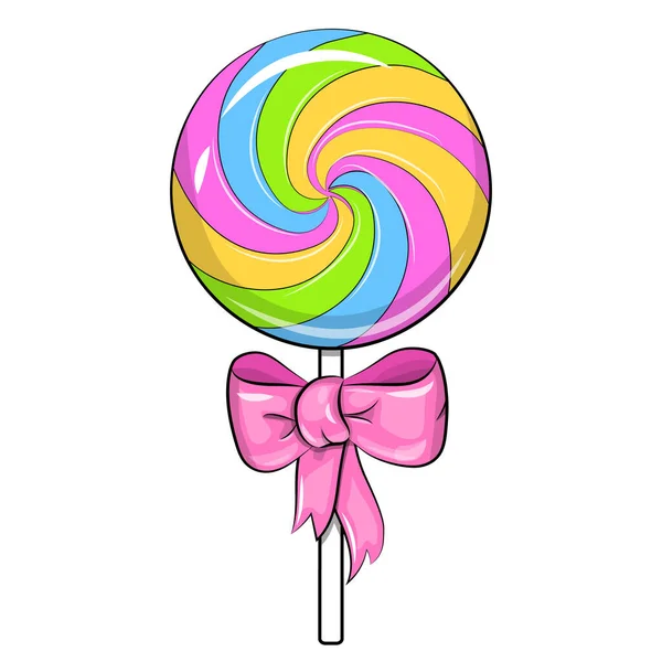 Cartoon Sweet Lollipop Pink Bow Vector Illustration Candy White Background — Stock Vector