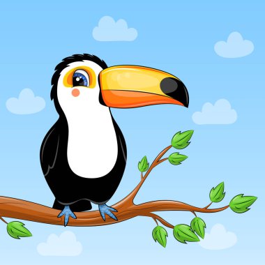 Ağaçta şirin bir çizgi roman var. Mavi arkaplanda bir kuşun vektör illüstrasyonu.