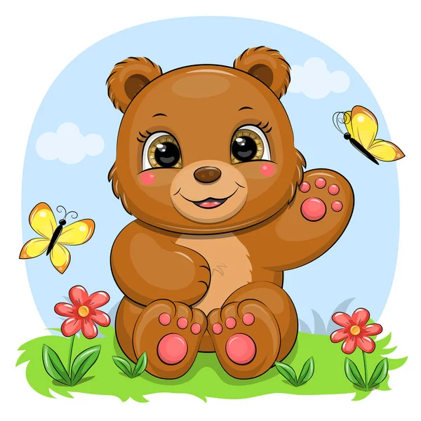 Urso Marrom Bonito Desenhos Animados Com Flores Borboletas Ilustração Vetorial — Vetor de Stock