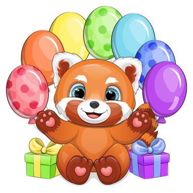 Gökkuşağı balonlu ve hediyeli şirin kırmızı panda. Beyaz arka planda bir hayvanın vektör çizimi.