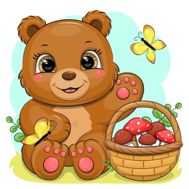 Kelebekli ve içi mantar dolu şirin bir çizgi film ayısı. Bir hayvanın vektör çizimi.