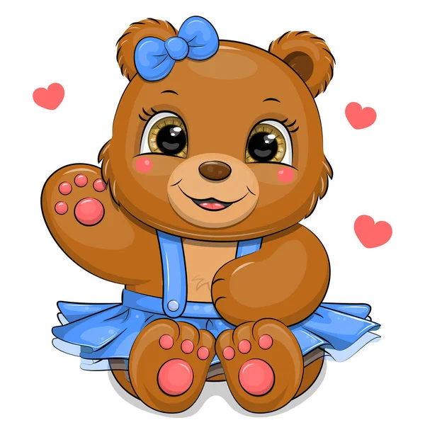 Cute Cartoon Brown Bear Blue Skirt Hair Bow Vector Illustration — Stock Vector