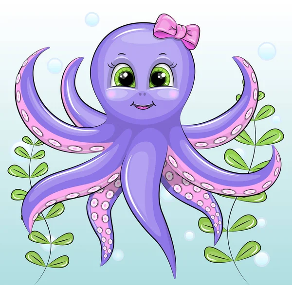 可爱的卡通章鱼与粉红色的弓在水下 蓝色背景动物的矢量图解 — 图库矢量图片