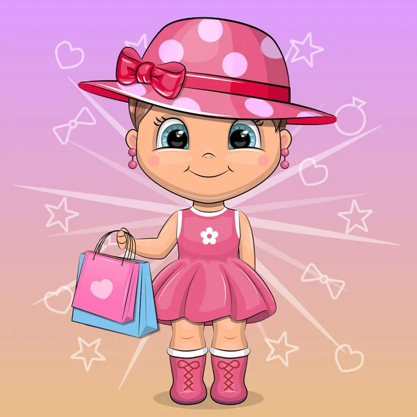 Cute Cartoon Girl Pink Dress Hat Holding Shopping Bags Vector — Stock Vector