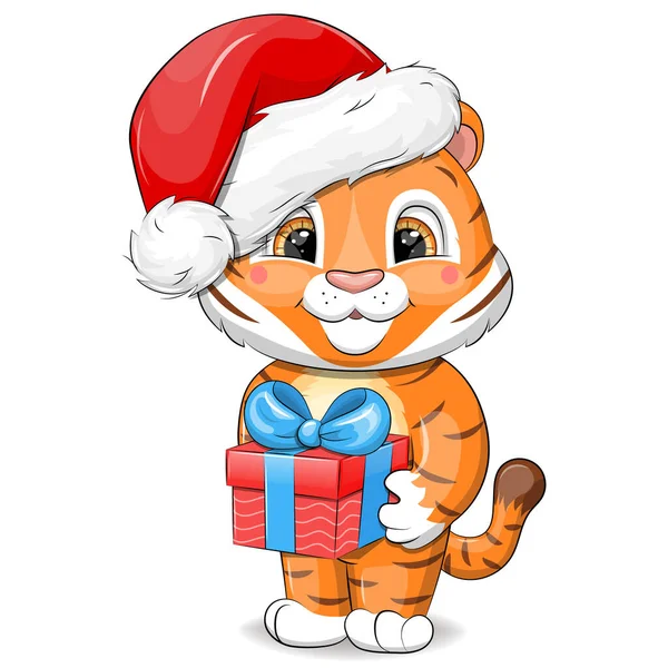 Mignon Tigre Bande Dessinée Avec Cadeau Dans Chapeau Père Noël — Image vectorielle