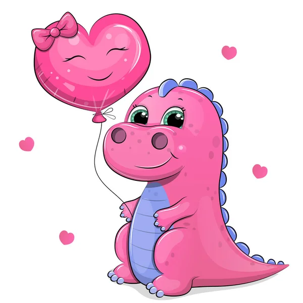 Bonito Dinosaurio Rosa Dibujos Animados Con Globo Ilustración Vectorial Animal — Vector de stock