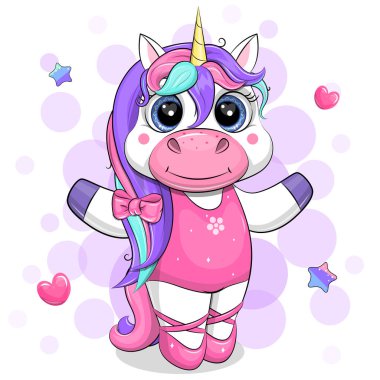 Bale ayakkabılarıyla dans eden şirin tek boynuzlu at balerin. Pembeli bir hayvanın vektör çizimi.