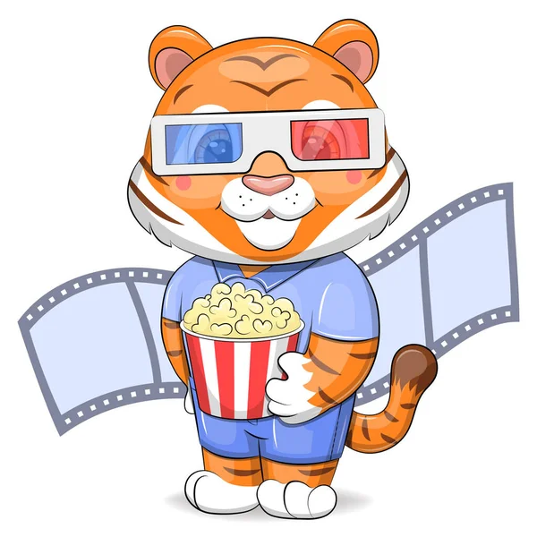 Üç boyutlu sinema gözlüklü şirin çizgi film kaplanı patlamış mısır tutuyor. Beyaz arkaplanda film şeridi ile vektör illüstrasyonuName.