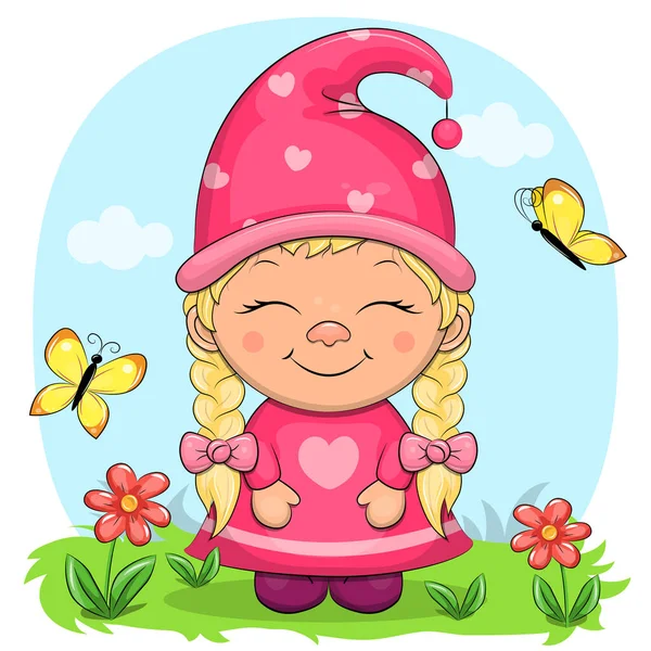 花や蝶とかわいい漫画のノームの女の子 自然界の小人のベクトル図 — ストックベクタ
