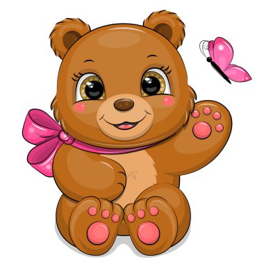 Pembe yayı ve kelebeği olan sevimli çizgi film ayısı. Beyaz arka planda bir hayvanın vektör çizimi.