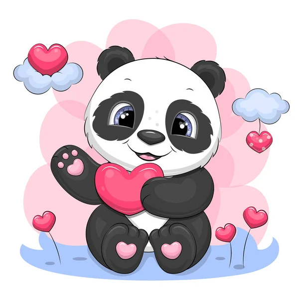 Lindo Panda Dibujos Animados Con Corazones Ilustración Vectorial Animal Sobre — Archivo Imágenes Vectoriales