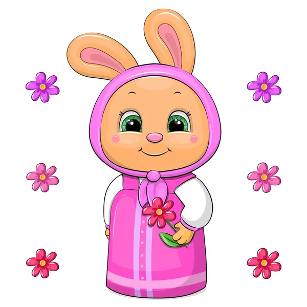 穿着粉色连衣裙和头巾的可爱的卡通兔子 白色背景上开着花的动物的矢量图解 — 图库矢量图片