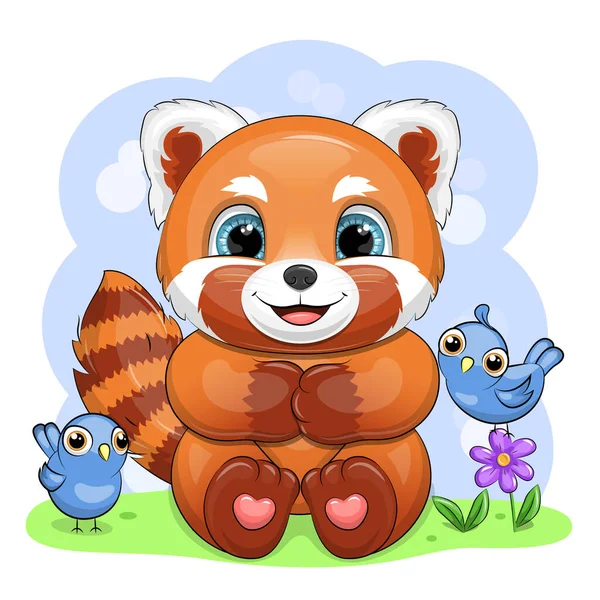 Cute Cartoon Red Panda Blue Birds Vector Illustration Animal Nature — Stock Vector