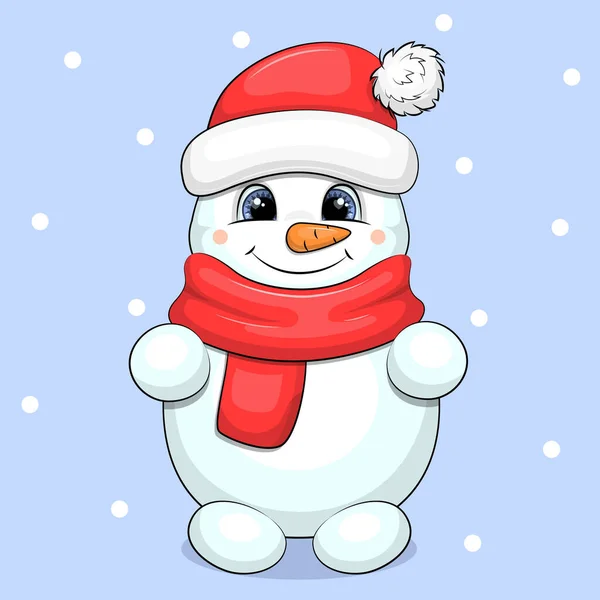 赤いスカーフと帽子のかわいい漫画の雪だるま 雪と青の背景のベクトルイラスト — ストックベクタ