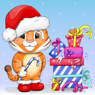 Noel Baba şapkası, baston şekeri ve hediyeleri olan sevimli çizgi film kaplanı. Yeni Yıl vektör illüstrasyonu.