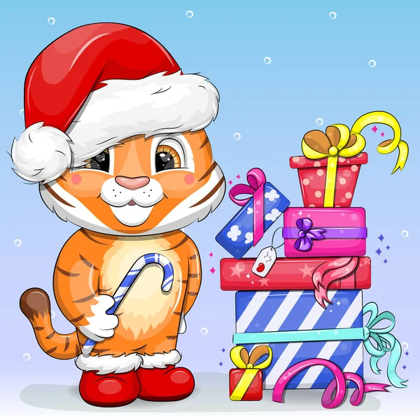 Cute Cartoon Tiger Santa Hat Candy Cane Gifts New Year — Stock Vector