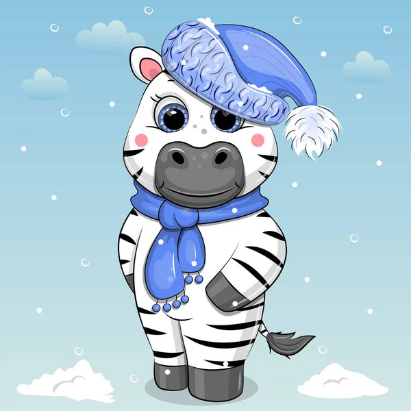 Mavi şapkalı ve atkılı şirin bir zebra. Mavi arkaplanlı ve karlı bir hayvanın kış vektör çizimi.