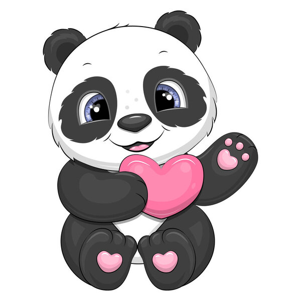 Cute cartoon panda with a pink heart. Vector illustration of an animal on a white background.