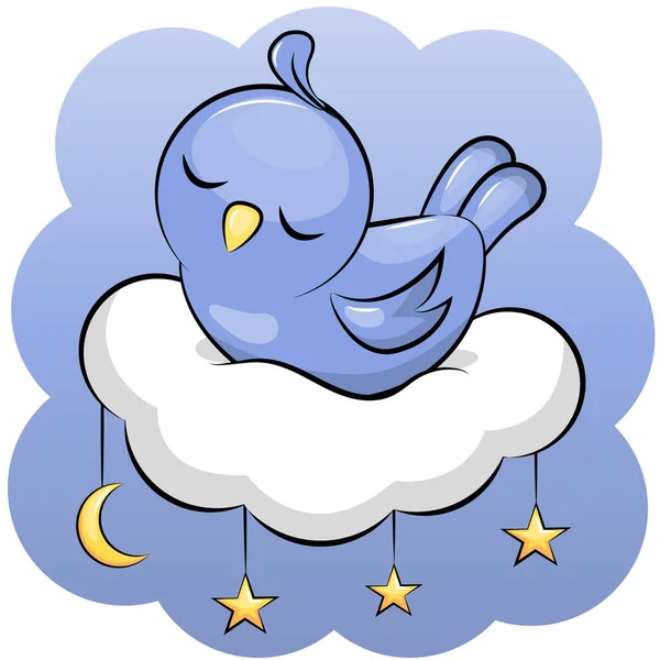 Carino Fumetto Uccello Blu Dorme Una Nuvola Illustrazione Vettoriale Notturna — Vettoriale Stock