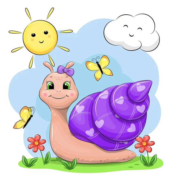 Cute Dziewczyna Ślimak Kreskówki Naturze Letni Wektor Ilustracja Zwierzęciem Kwiaty — Wektor stockowy