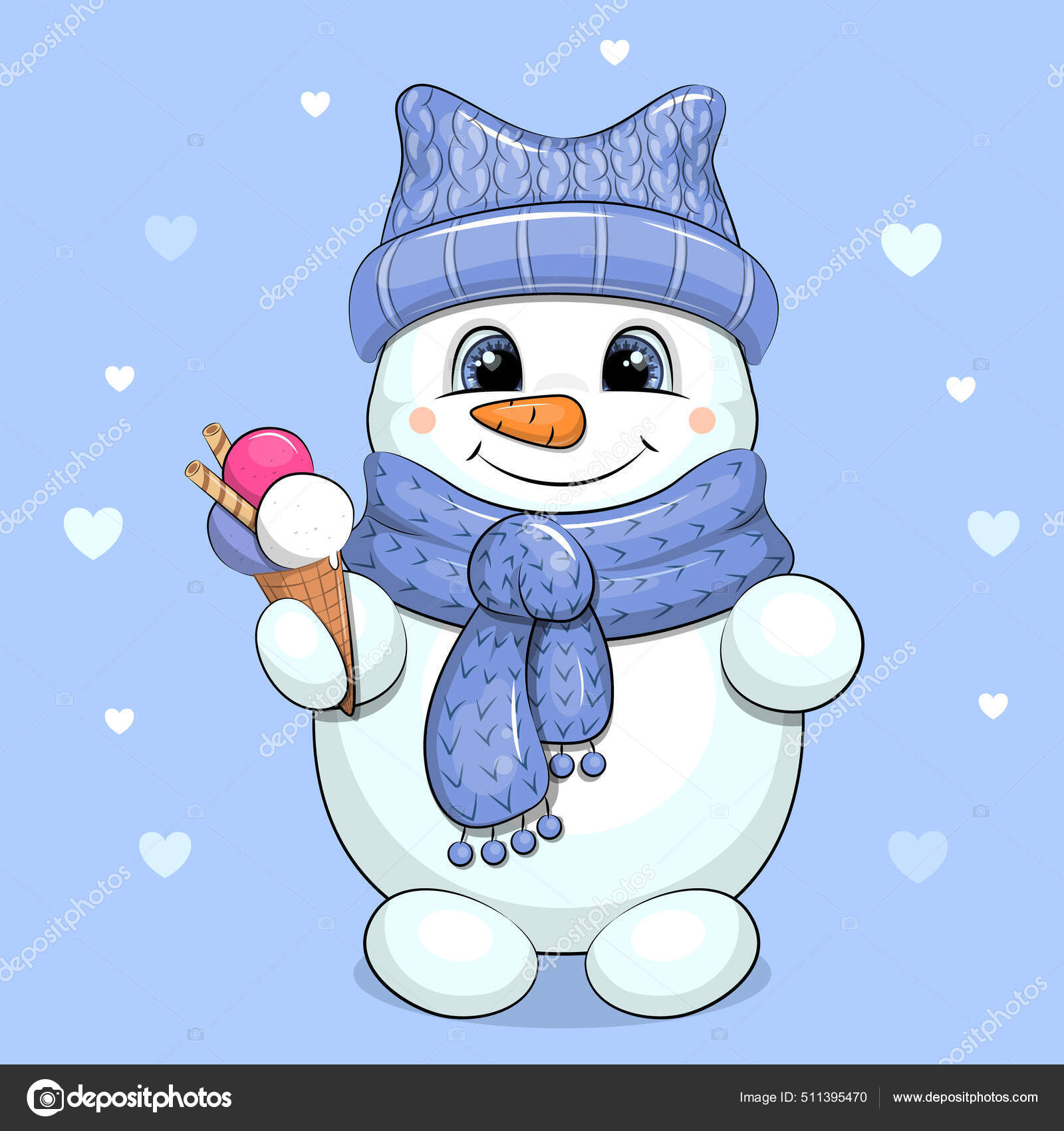 Muñeco Nieve Dibujos Animados Lindo Sombrero Azul Bufanda Está Sosteniendo  Vector de stock #511395470 de ©Oncidium, image size:1600x1700