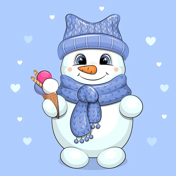 青い帽子とスカーフのかわいい漫画の雪だるまがアイスクリームを持っています 心のある青い背景のベクトルイラスト — ストックベクタ
