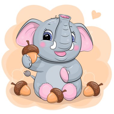 Şirin çizgi film fil ve meşe palamudu. Turuncu arka planda hayvanların sonbahar vektör illüstrasyonu.